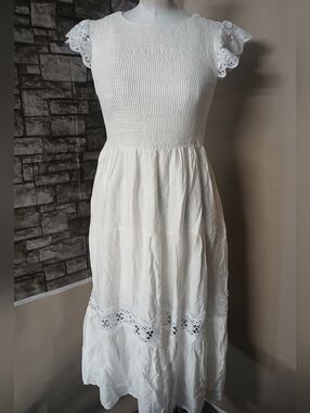 White Lace-Trim Smocked Women's Maxi Dress